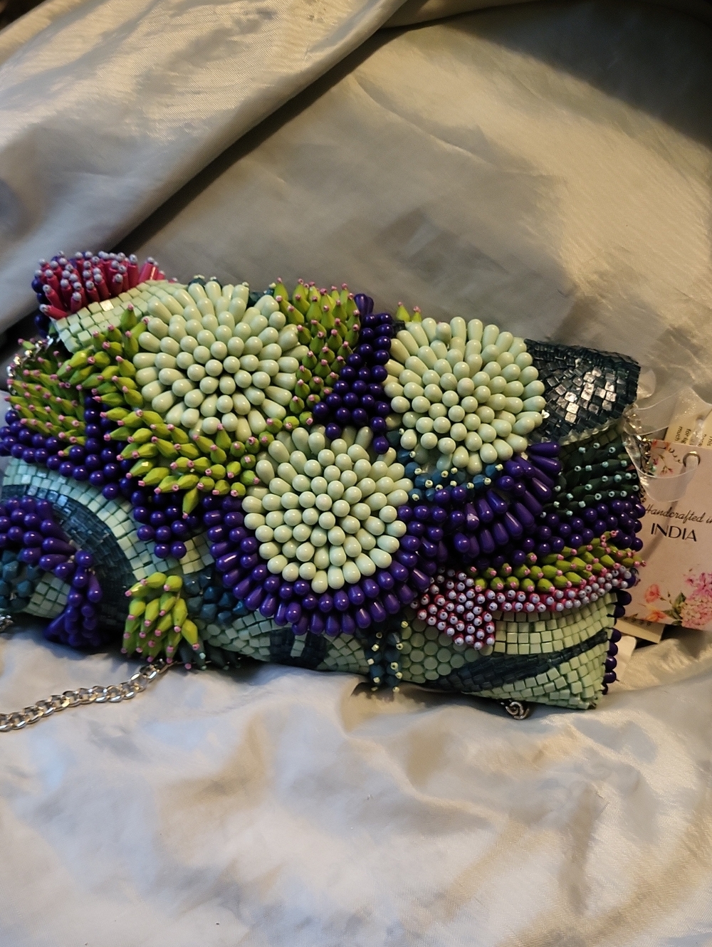 Handcrafted Beaded Floral Clutch - Mint, Purple & Green
